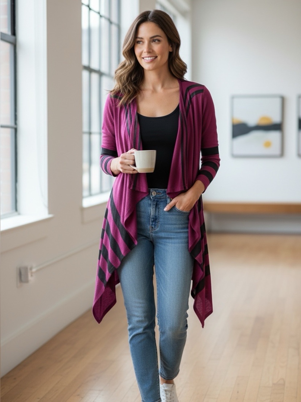 INC International Concepts Magenta and Black Striped Draped Cardigan
